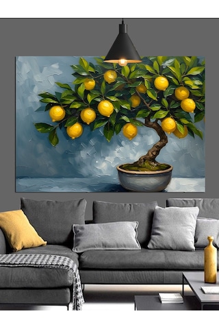 Limon Ağacı Küçük Bonsai Dekoratif Kanvas - Mdf Ahşap Tablo