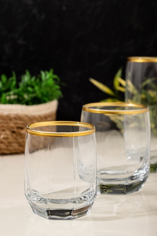 Mest Gold Yaldızlı 18 Parça Cam Su Bardağı Seti Bardak Takımı 215, 310, 385 Cc Gold