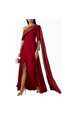 Ac By Aanchal Chanda Asymmetric Cape Gown Asimetrik Pelerinli Organze Kadın Elbise Kırmızı