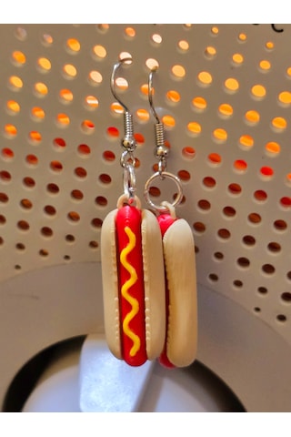 Sosisli Sandviç Hot Dog Küpe Çifti - Hardallı Ve Gerçekçi Tasarımlı Eğlenceli Aksesuar Kırmızı