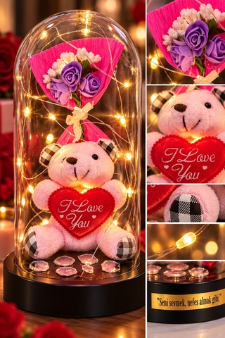 Işıklı Mika Fanus Ayıcık Ve Mor Gül Buketi Seni Sevmek Nefes Almak Gibi Romantik Sevgiliye Hediye 20 Cm