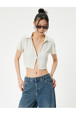 Koton Crop Polo Tişört Kısa Kollu Slim Fit Ekru 4sal10802ık Ekru