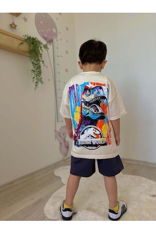 Miniko Kids Erkek Çocuk Jurassic Park Pamuk Şortlu Takım Ekru