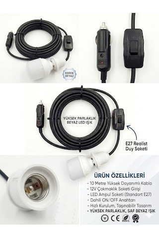Araç Çakmak Girişli 30w 12v Led Ampul,lü E27 Duylu Anahtarlı Araç,karavan,kamp Seyyar Lamba 12/16a 2 X1,5mm Ttr Bakır 10 Mt-siyah