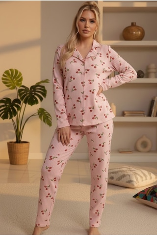 Siyah İnci Yumuşak Tuşe Kışlık Fitilli Düğmeli Pamuklu Örme Pijama Takım 7980 Somon Kiraz