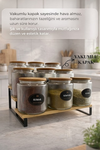 9'lu Bambu Stantlı Bambu Ahşap Vakumlu Kapaklı Cam Baharatlık Düzenleyici Şeffaf