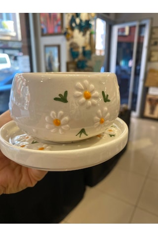 Seramik El Yapımı Fincan Takımı 2'li Set Üçlü Papatya Desenli Beyaz - Sarı