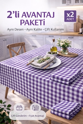 2'li Paket Küçük Kare Desen Pötikareli Masa Örtüsü, Sofra Bezi, Piknik Örtüsü 170 X 170 Cm Mor