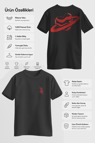 Spoyi Love Planet Tasarımlı %100 Pamuk Yarım Oversize Siyah T-shirt