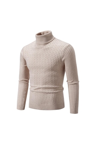 Yeni Erkek Yüksek Boyun Kazak Düz Renk Kazak Örme Sıcak Rahat Balıkçı Yaka Eşofman Yün Erkek Kış Açık Üstleri Bej