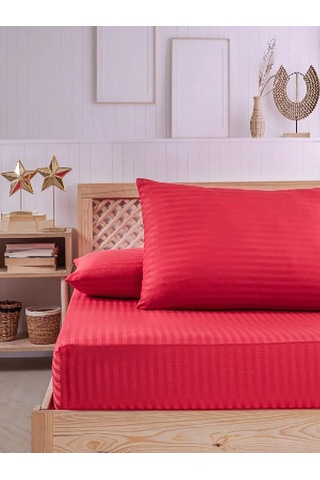 Kırmızı Pamuklu Çizgili Saten Lastikli Çarşaf Takımı Tek Kişilik + 1 Yastık Kılıfı Kırmızı