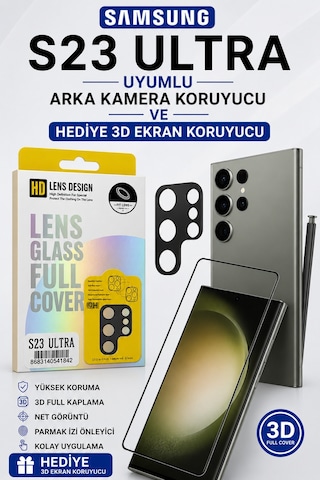 Samsung S23 Ultra Uyumlu Arka Kamera Koruyucu+ Full Ekran Koruyucu Si Yah