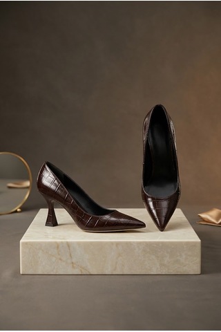 Shoetek Vienatta Kadın Stiletto İnce Topuklu Kroko Desenli Kahverengi Deri Kahve Kroko