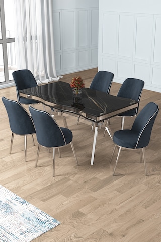 Canisa Prah Serisi 90x160 Lak Panel Sonata Krom Ayak Masa Takımı Ve 6 Antrasit Sandalye Siyah Mermer Masa Antrasit Sandalye Krom Detay