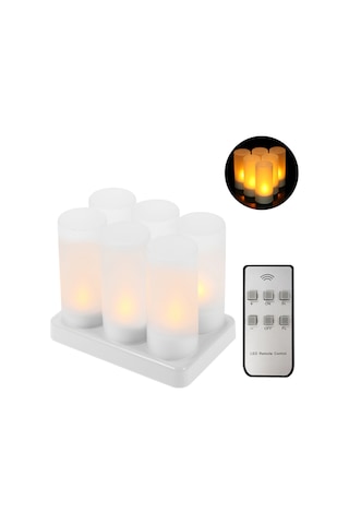 Xindoker 6'lı Şarj Edilebilir Led Mum Seti - Sarı Işık, 6 Tuşlu Kumanda, Simülasyon Alevi, Pürüzlü Kupa - Ev, Noel, Düğün Dekorasyonu Avrupa Şarj Renkli