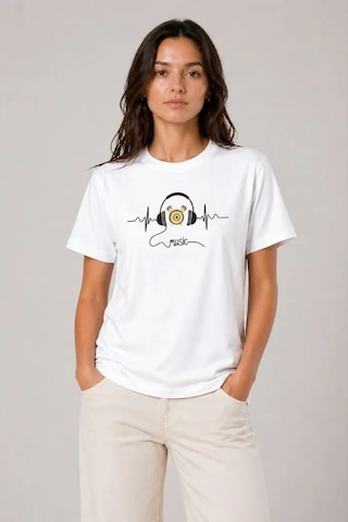 Hazego Müzik Temalı Baskılı Tişört Bisiklet Yaka Kısa Kol T-shirt - Beyaz