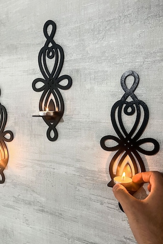 Dekoratif Şık Duvar Rafı 3 Lü Set 30 Cm Duvar Mumluğu Siyah