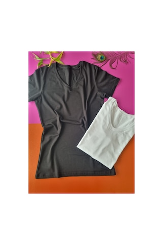Demirsa Boutique Yarım Kol V Yaka 2'li Siyah Ve Beyaz Renk Modal Kadın Atlet T-shirt Siyah-beyaz