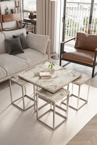 Lizbon 4+1 Kare Sehpa Takımı Gümüş Metal - Beyaz Mermer Tabla