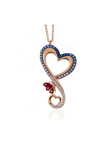 Himarry Gümüş Rose Kalpli Kelebek Kadın Kolye Beyaz