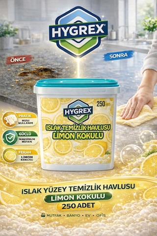 Hygrex Limon Kokulu Yüzey Temizlik Havlusu Islak Kova Mendil 250 Adet Ev Ofis Tüm Yüzeyler Kovalı Mendil Beyaz