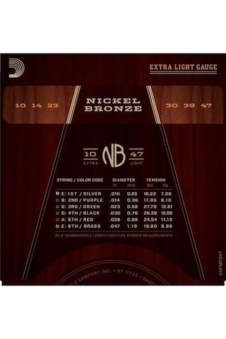D'addario Nb1047 Nickel Bronze Akustik Gitar Tel Seti - 10-47 Extra Light Profesyonel Kaplanmamış Premium Alaşım, Gitarın Doğal Ahşap Tonunu Öne Çıkarır, Berrak Ve Odaklanmış Ses