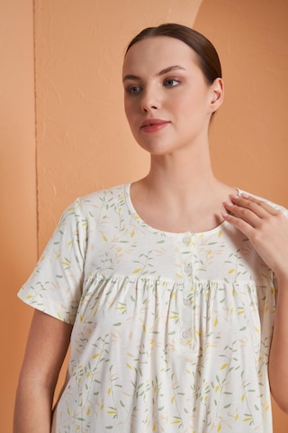 Pjs 27160 Kadın Çiçek Desenli Düğmeli Yaka Kısa Kol Gecelik Ekru