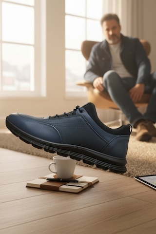 Enoch Hakiki Deri Lacivert Lastikli Erkek Sneaker Ortopedik Taban Lacivert