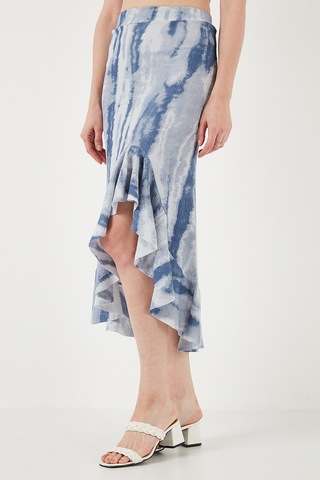 Lela Regular Fit Desenli Yüksek Bel Volanlı Midi Boy Yırtmaçlı Bayan Etek 5869013 Indigo