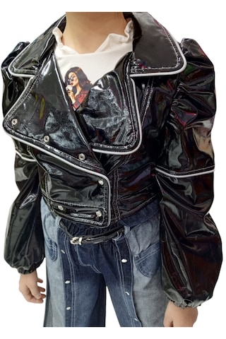 Kız Çocuk Fermuar Detaylı Siyah Parlak Deri Görünümlü Ceket & Uzun Kollu Baskılı Bluz İkili Takım Siyah