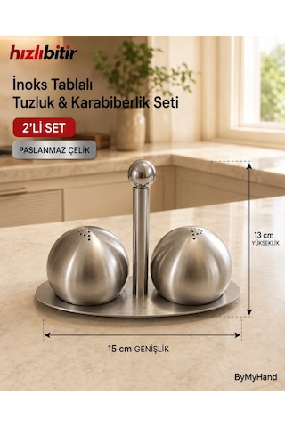 Bymyhand Paslanmaz Çelik Stantlı Yuvarlak İnox Ev Lokanta Ve Restoran İçin Tuzluk Ve Karabiberlik 2' Metalik Gri