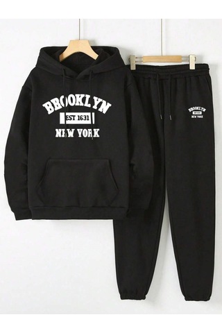 Siyah Brooklyn New York Baskılı Kapüşonlu Sweatshirt Ve Eşofman Altı Eşofman Takımı Siyah