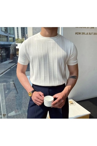 Erkek Slim Kısa Kollu Triko Tişört Yazlık Basic Beyaz