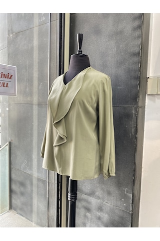 Pera Moda Büyük Beden Önü Fırfırlı Modal Bluz Gömlek Çağla
