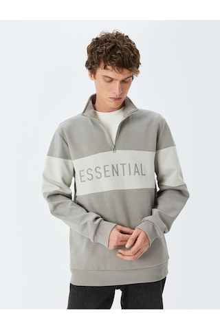 Koton Renk Bloklu Yarım Fermuarlı Pamuklu Slogan Baskılı Sweatshirt Gri 5sam70009mk Gri