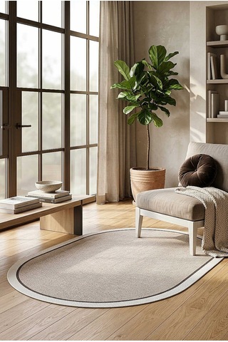 Natura Sisal Hasır Görünümlü Çift Bordürlü Oval Halı Ntr22 Krem-kemik