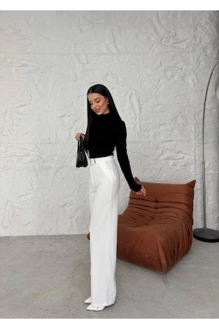 Satenmoda E&b Design Kadın Yüksek Bel Cırt Detay Palazzo Pantolon Beyaz