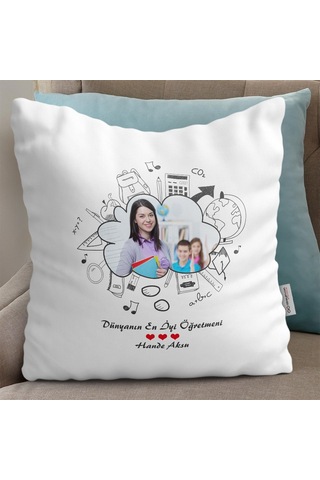 Bk Gift Kişiye Özel Dünyanın En İyi Öğretmeni Tasarımlı Beyaz Yastık - 4 Akgn11028 Renkli