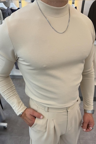 Yarım Balıkçı Pamuk Örme Likralı Esnek Rahat Kumaş Pileli Pantolonlu Takım krem