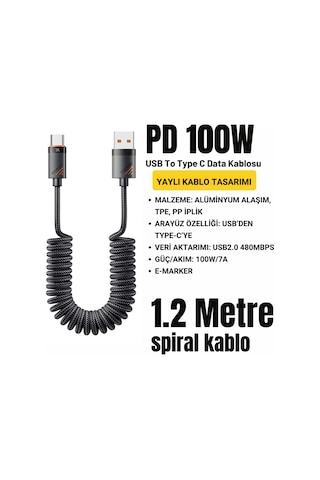 Essager Pd 100w 7a Usb To Type-c 1.2m Yaylı Spiral Data Ve Hızlı Şarj Kablosu, Kopmaz, Karışmaz Kablo