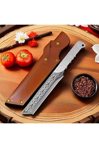 Valkyrie Paslanmaz Çelik Desenli Çok Amaçlı Mutfak Ve Kamp Bıçağı Kılıflı Dayanıklı Tasarım 33.8 Cm Siyah