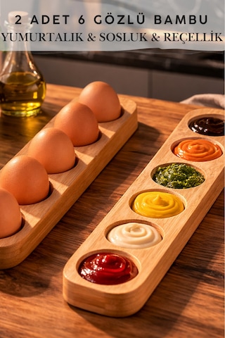 Bambu Yumurtalık 6 Lı Sosluk & Reçellik Seti 2 Li Kahvaltılık Sunumluk Açık Ahşap