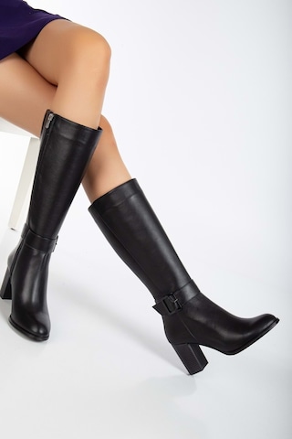 Analin Shoes Kadın Hakiki Deri Toka Detaylı Topuklu Çizme Siyah