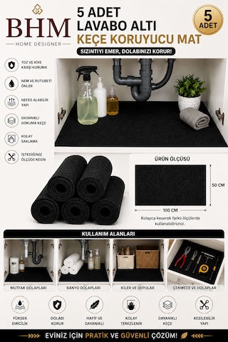 5'li Lavabo Altı Keçe Koruyucu Mat Su Emici Dolap Içi Örtü Kesilebilir Mutfak Ve Banyo Dolabı Matı 100x50cm Siyah