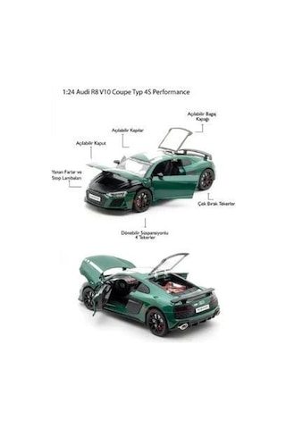 Mınıauto Audi R8 Yeşil 1:24 Metal Çek Bırak Kapıları Açılan Sesli Işıklı Araba Yeşil