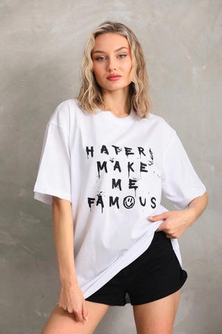 Primemagazam Kadın Ön Ve Arka Baskılı Oversize Kısa Kol T-shirt - Beyaz Çeşitli