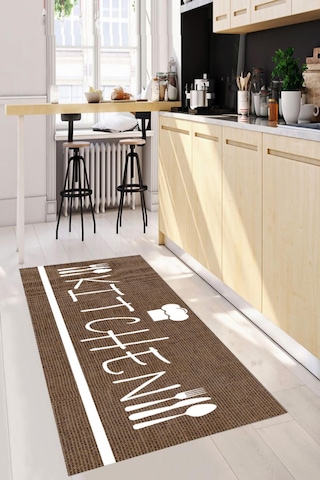 Dijital Baskılı Kahverengi Kitchen Desenli Dekoratif Yıkanabilir Kaymaz Taban Mutfak Halısı Çok Renkli