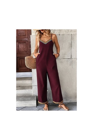 Butik İstanbul Kadın Ip Askılı V Yakalı Etnik Serit Desenli Cep Detaylı Janjan Krep Tulum Bordo