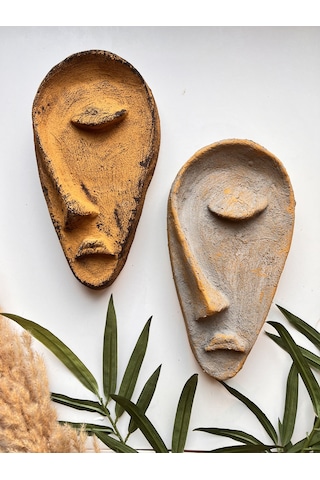 Özel Tasarım El Yapımı Taş Heykel Soyut Yarım Yüz Maske 2'li Set, Duvar Dekor, Modern Ev Ve Ofis Dek