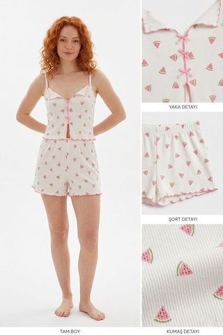 Çağrı Bies Kadın Dekolte Yaka Fırfır Detay Kaşkorse Kumaş Pamuk Likra İp Askılı Mini Şortlu Pijama Takımı Açık Pembe